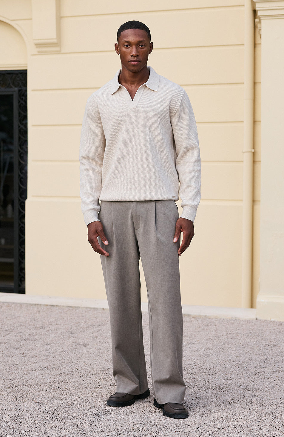 Dolce Relaxed Fit Long Sleeve Revere Jumper in Beige