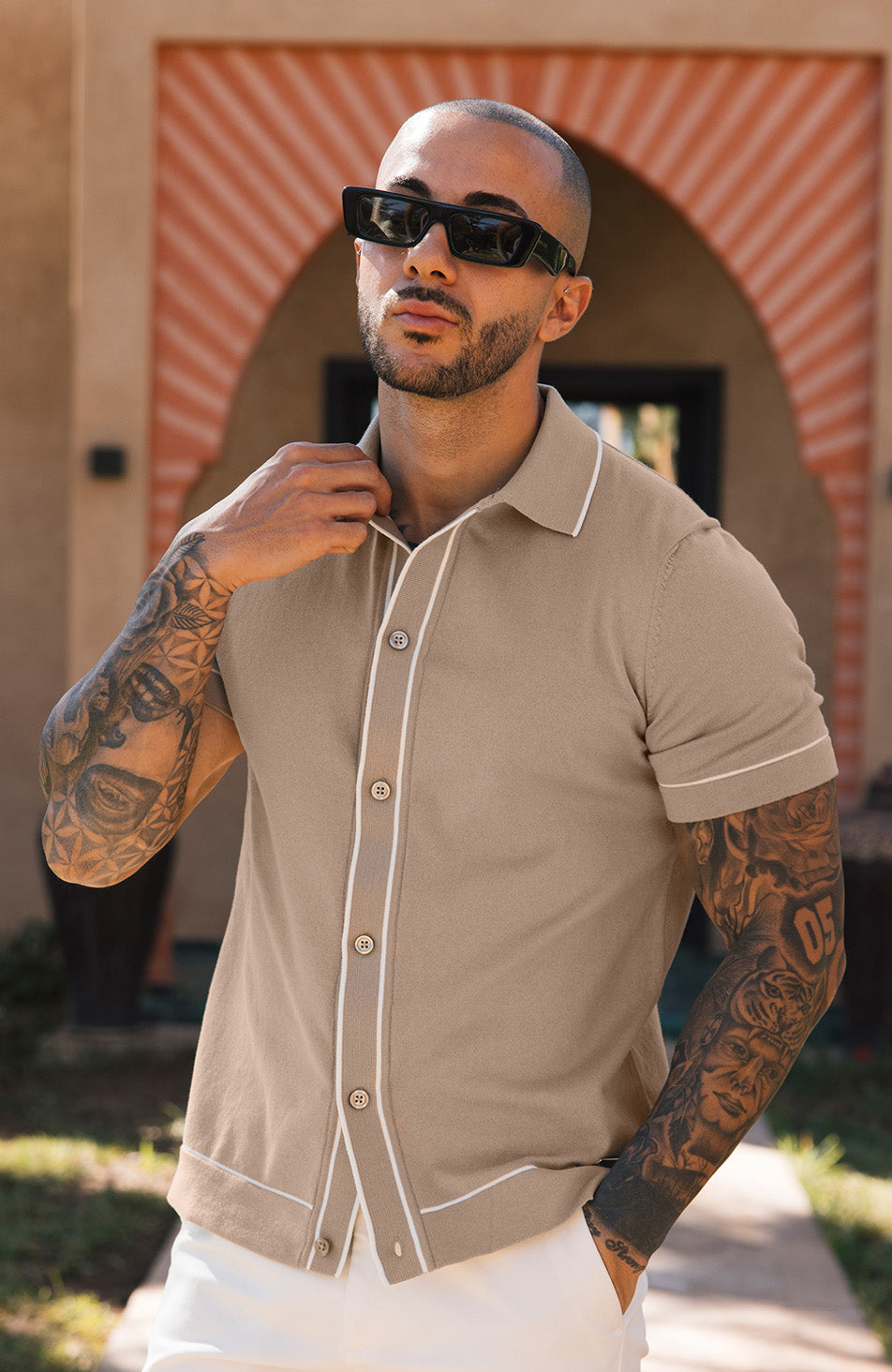 Luciano Slim Knit Shirt in Beige