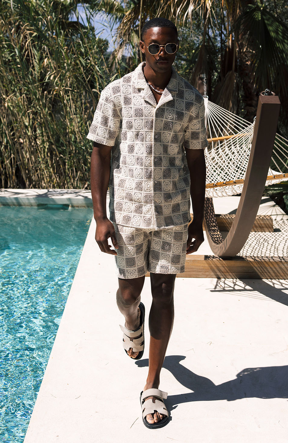 Tulum Relaxed Checked Crochet Shirt in Beige