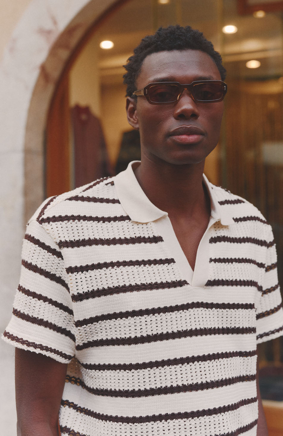 Romano Boxy Stripe Polo in Cream and Brown