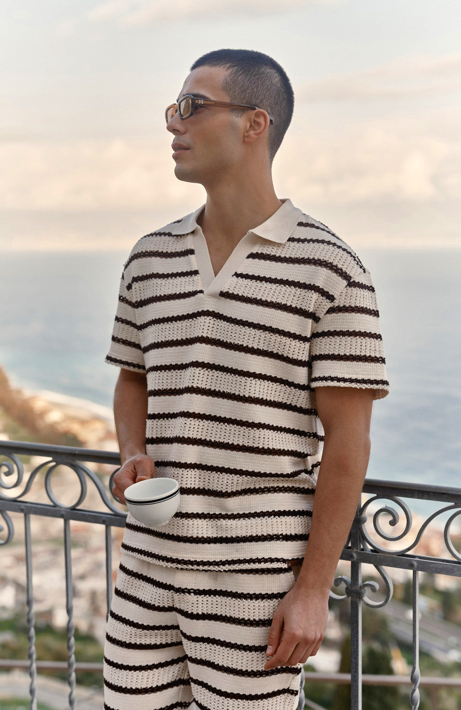 Romano Boxy Stripe Polo in Cream and Brown