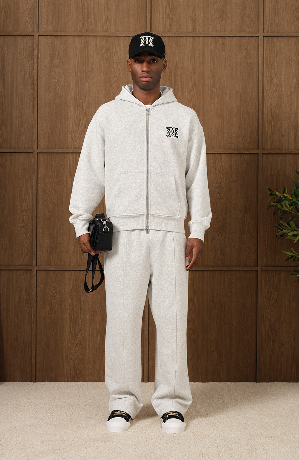 Embroidered Monogram Zip Through Hoodie In Grey Marl