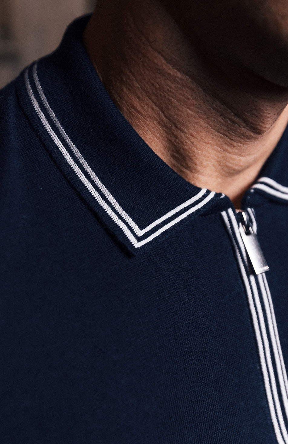 Newbury Slim Knit Piping Zip Polo in Navy