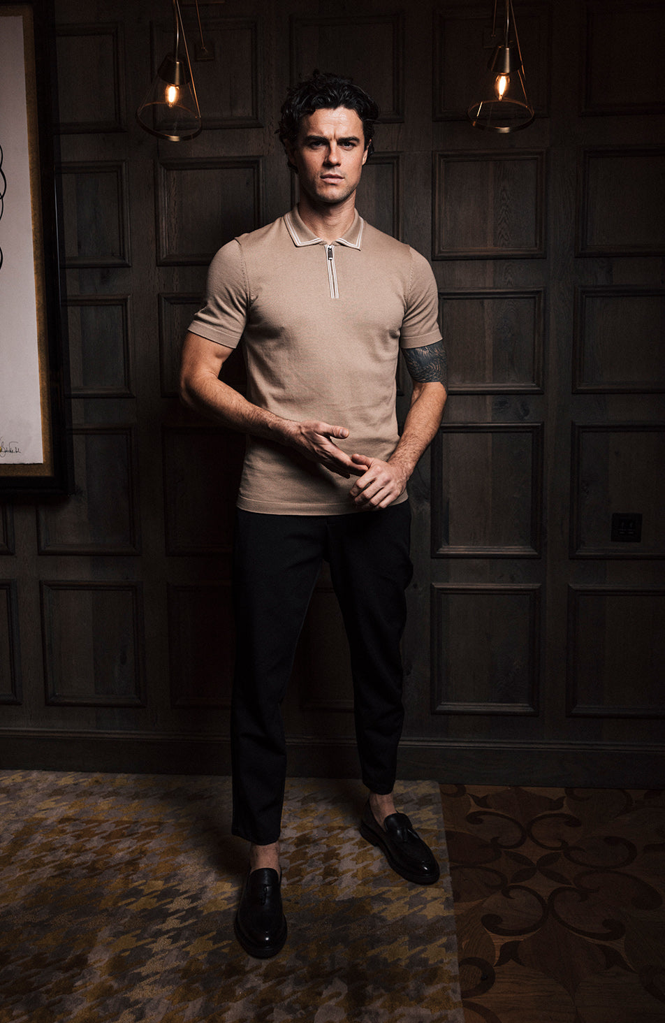 Newbury Slim Knit Piping Zip Polo in Taupe