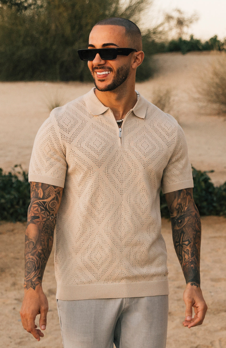 Chalbi Slim Fit Pointelle Zip Polo in Beige
