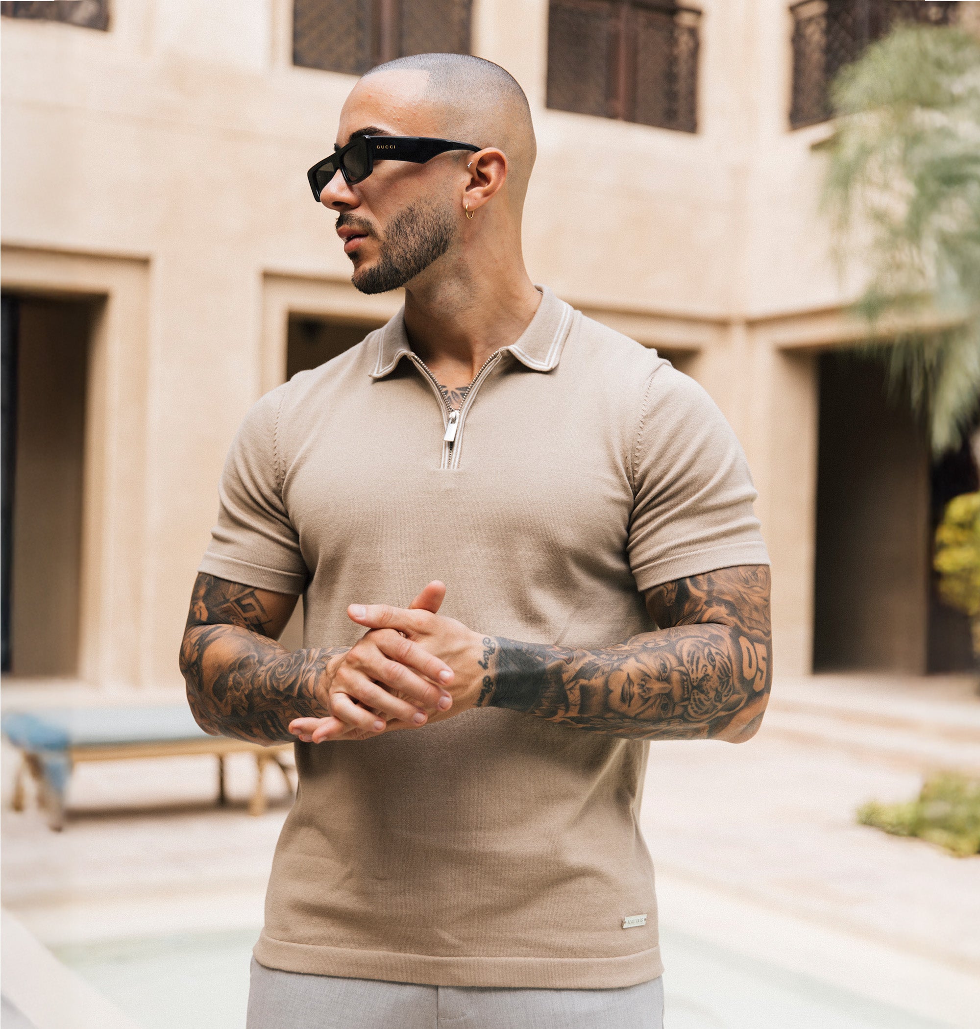 Newbury Slim Zip Knit Polo in Taupe