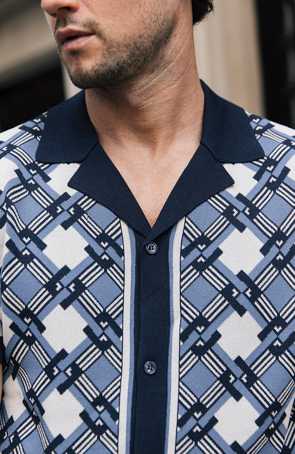 Ravenna Slim Geo Patterned Knit Shirt in Blue