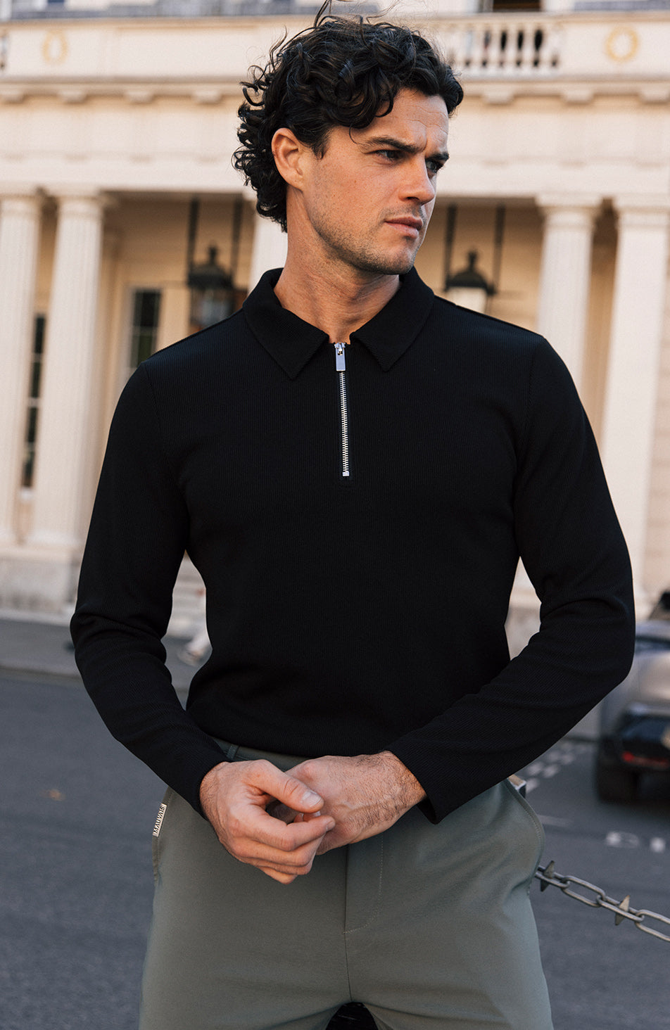 Rivoli Premium Rib Long Sleeve Zip Polo in Black