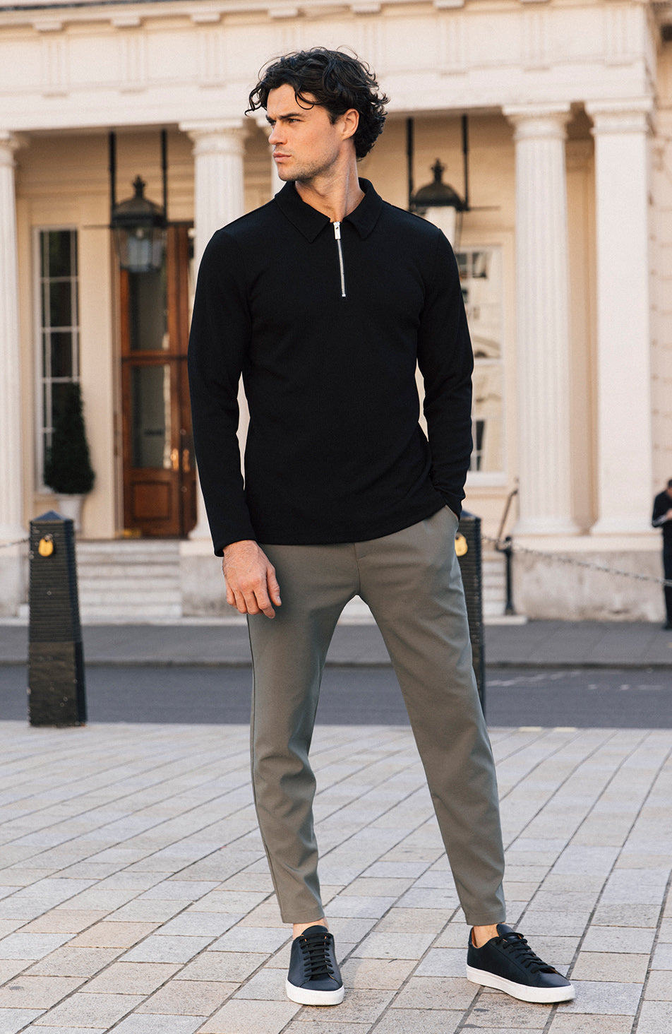 Rivoli Premium Rib Long Sleeve Zip Polo in Black