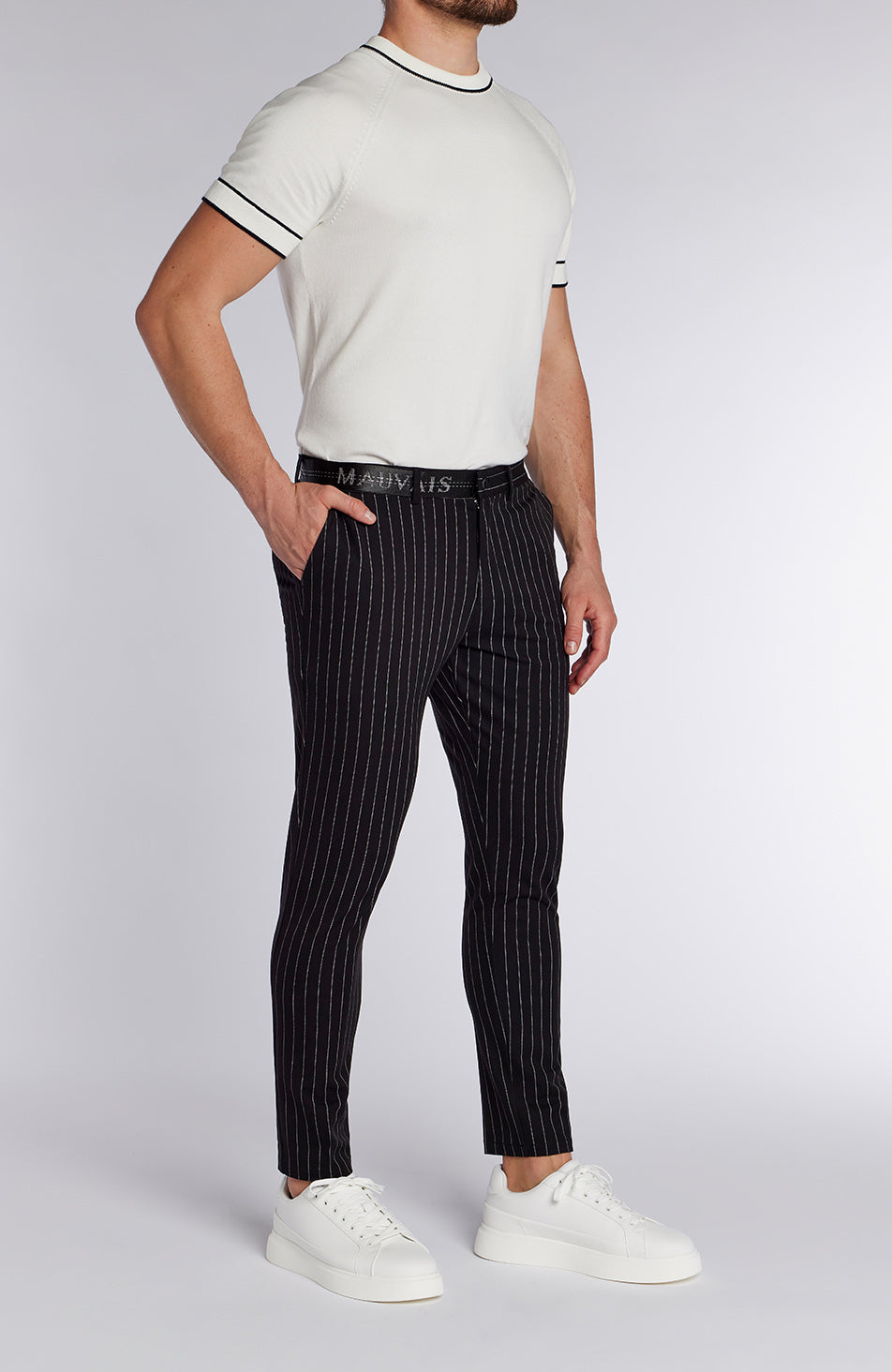 Signature Half Belt Pants in Black Pinstripe