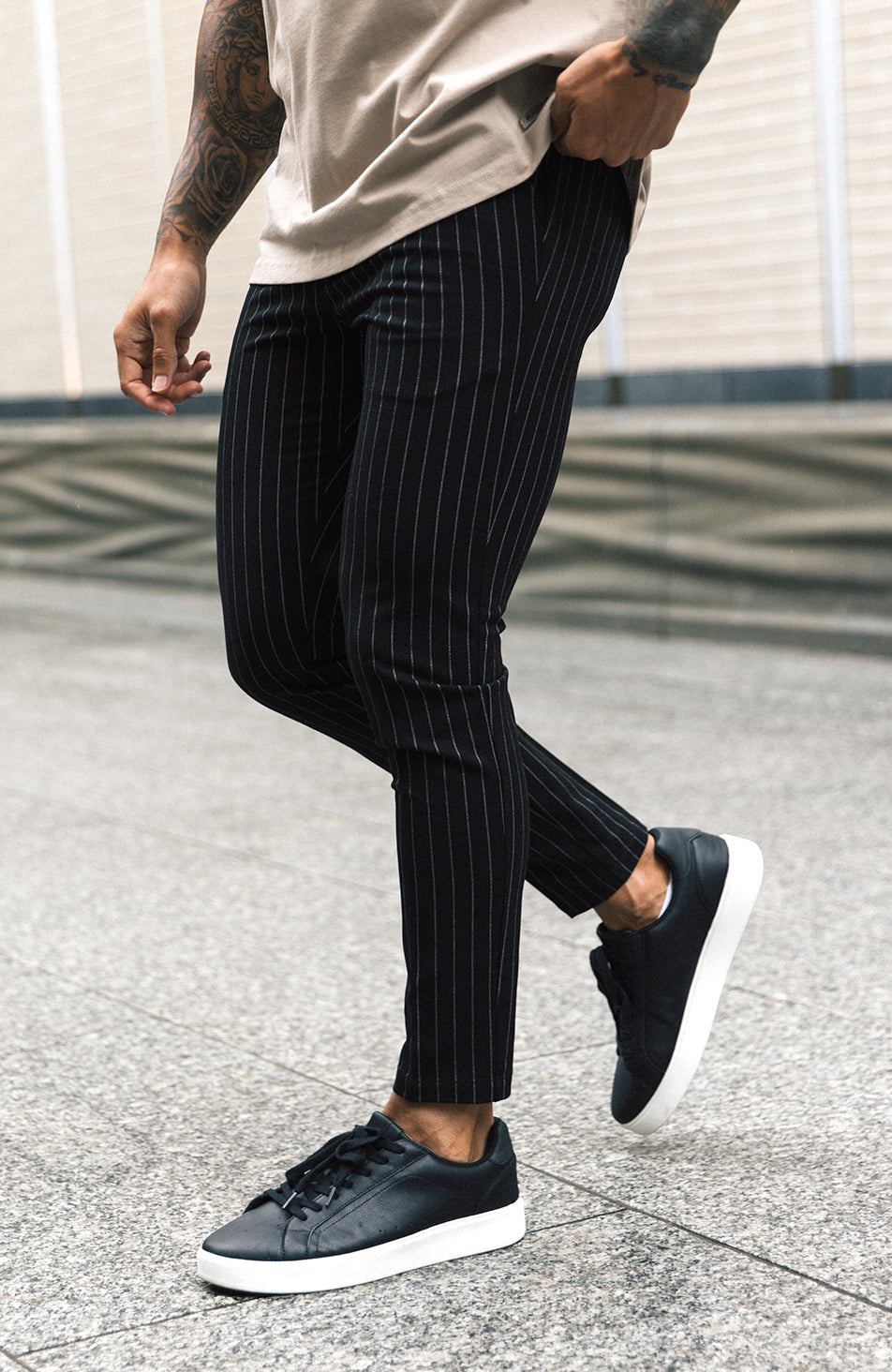 Signature Half Belt Trousers in Black Pinstripe