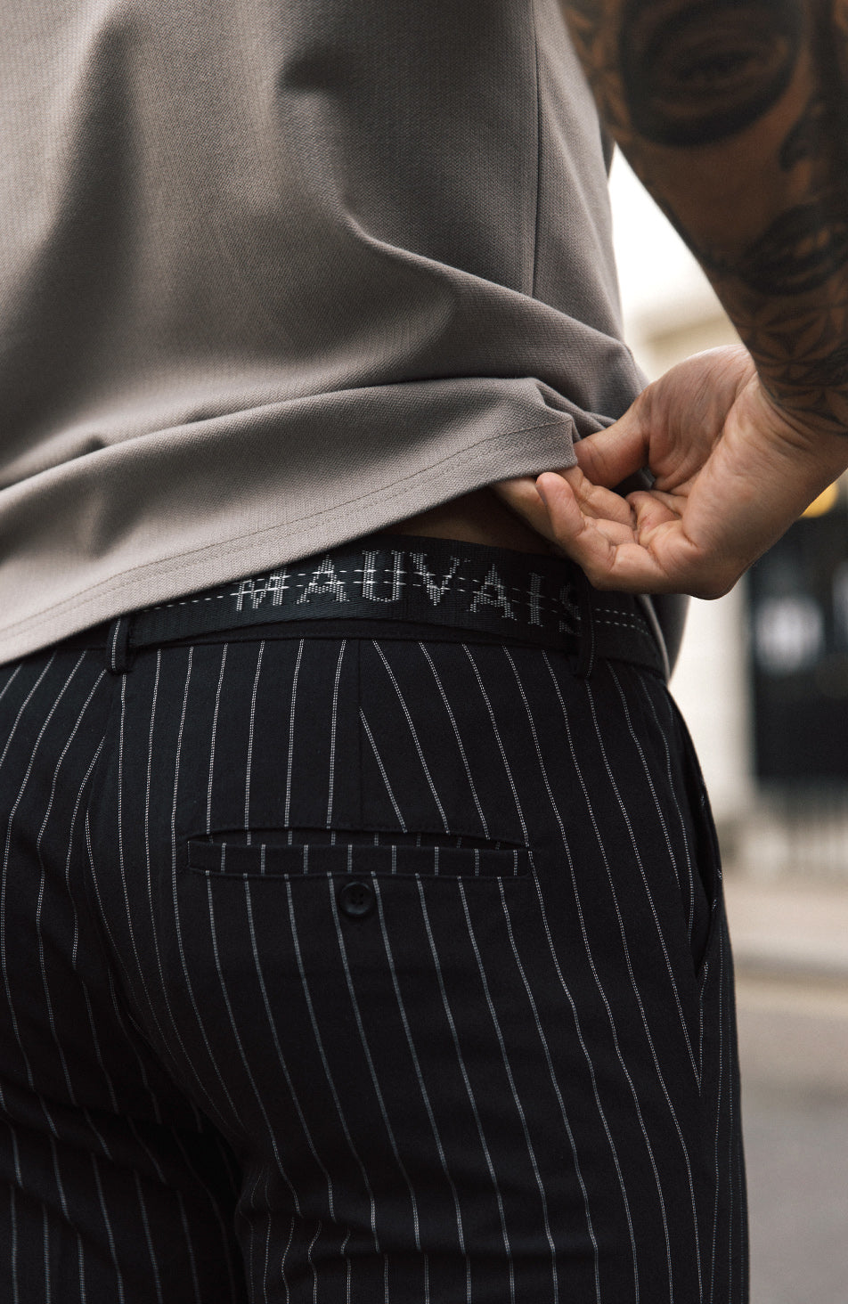 Signature Half Belt Trousers in Black Pinstripe