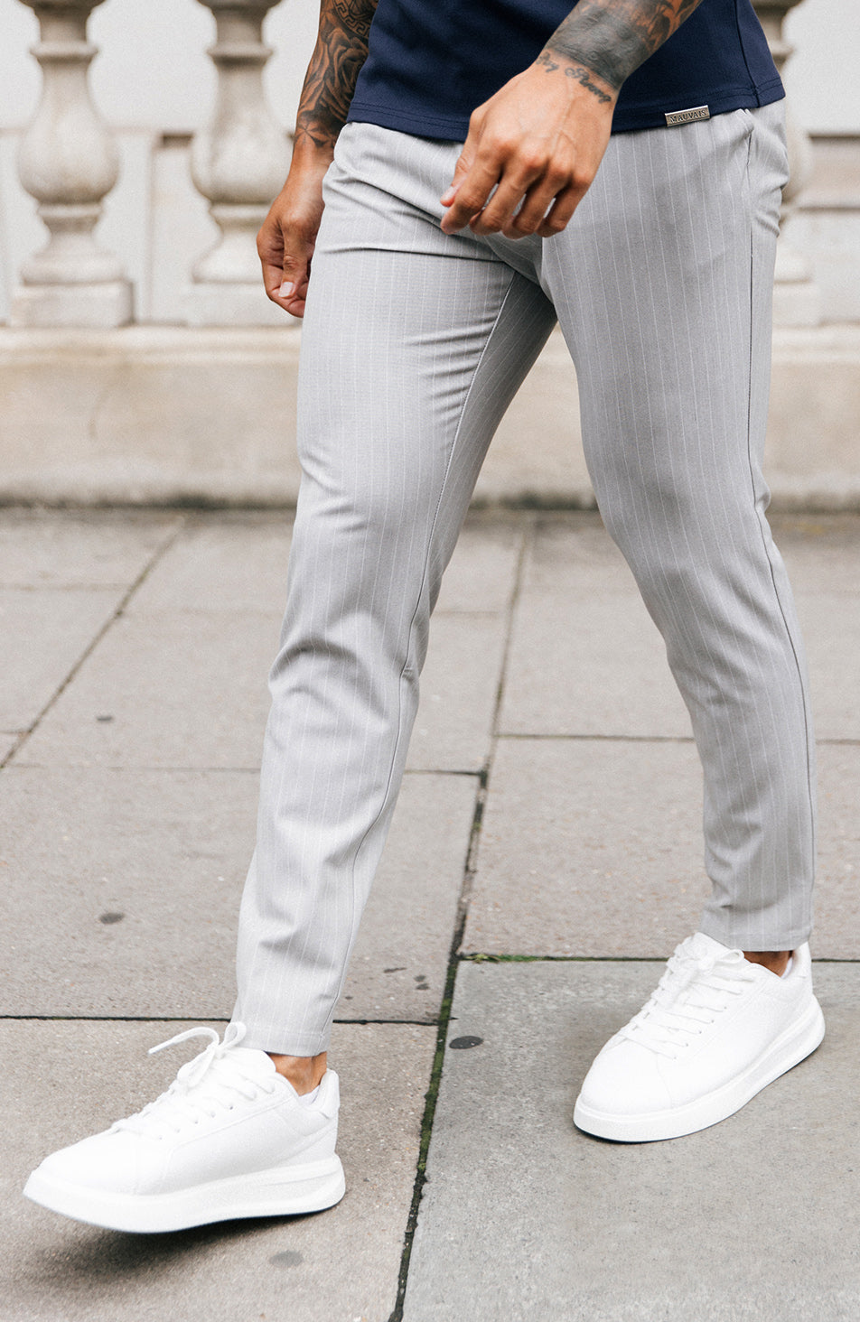 Signature Half Belt Trousers in Grey Pinstripe