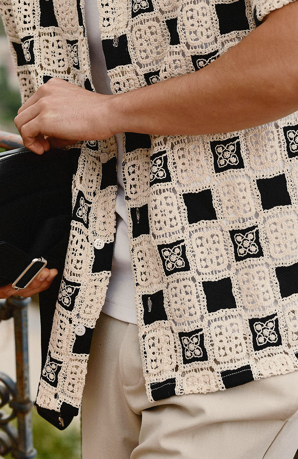 Bellagio Relaxed Checked Crochet Shirt in Black