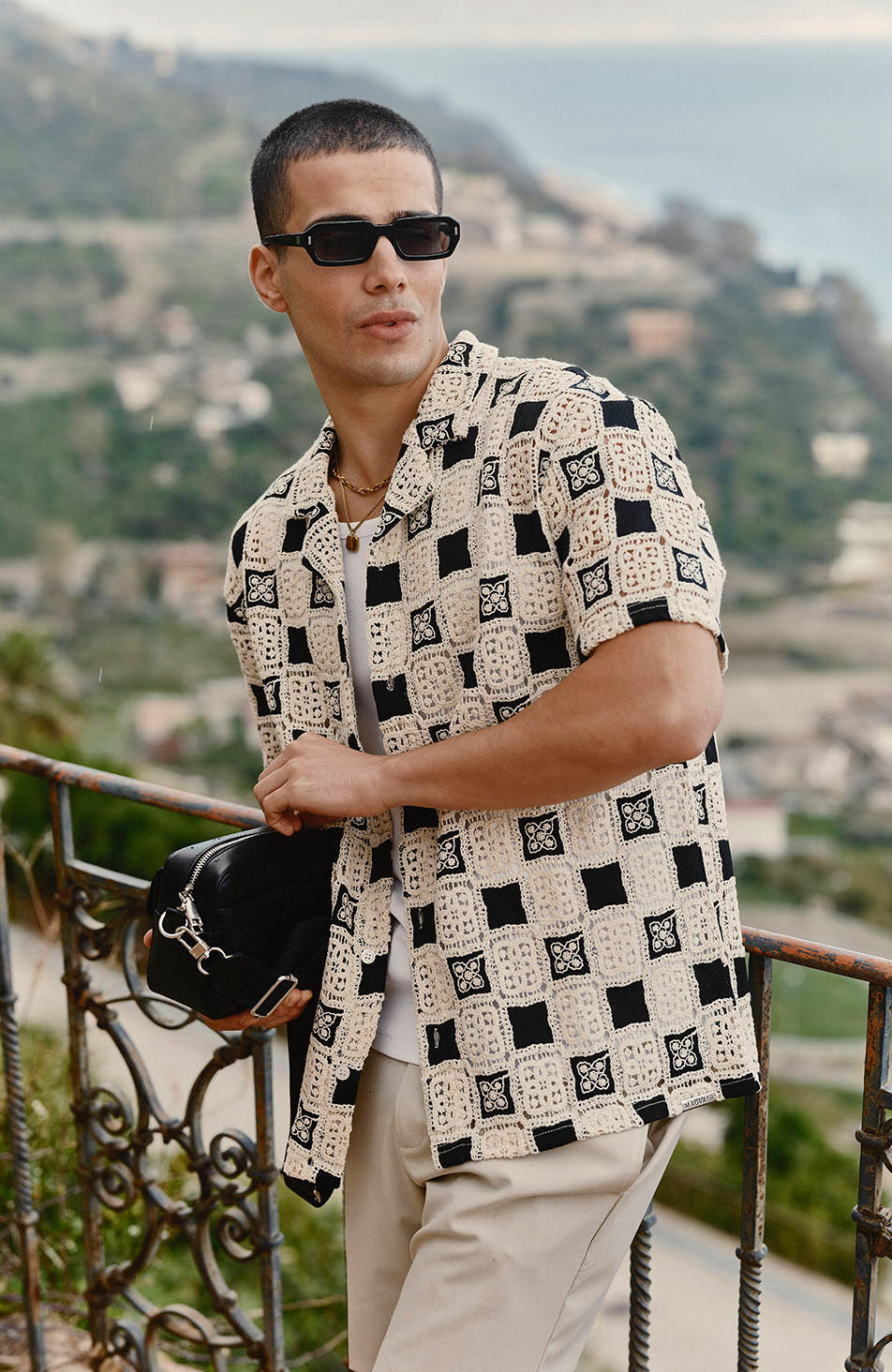 Bellagio Relaxed Checked Crochet Shirt in Black