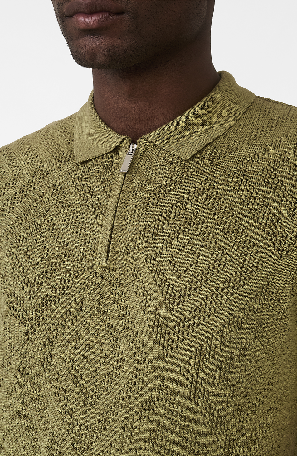 Chalbi Slim Fit Knit Pointelle Zip Polo in Green