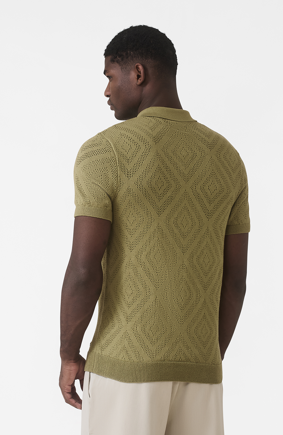 Chalbi Slim Fit Knit Pointelle Zip Polo in Green