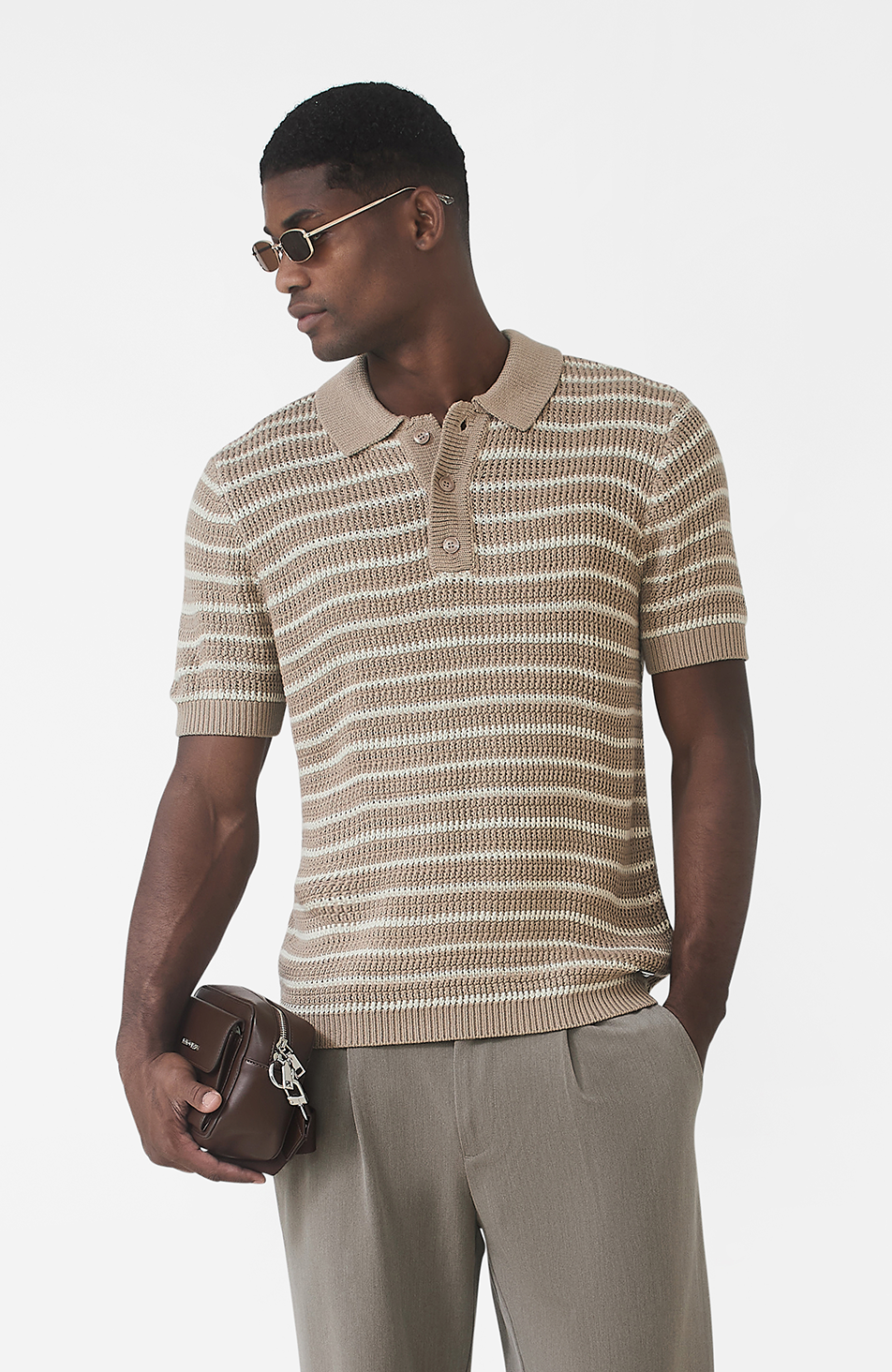 Fontelina Button Placket Knit Stripe Polo in Beige