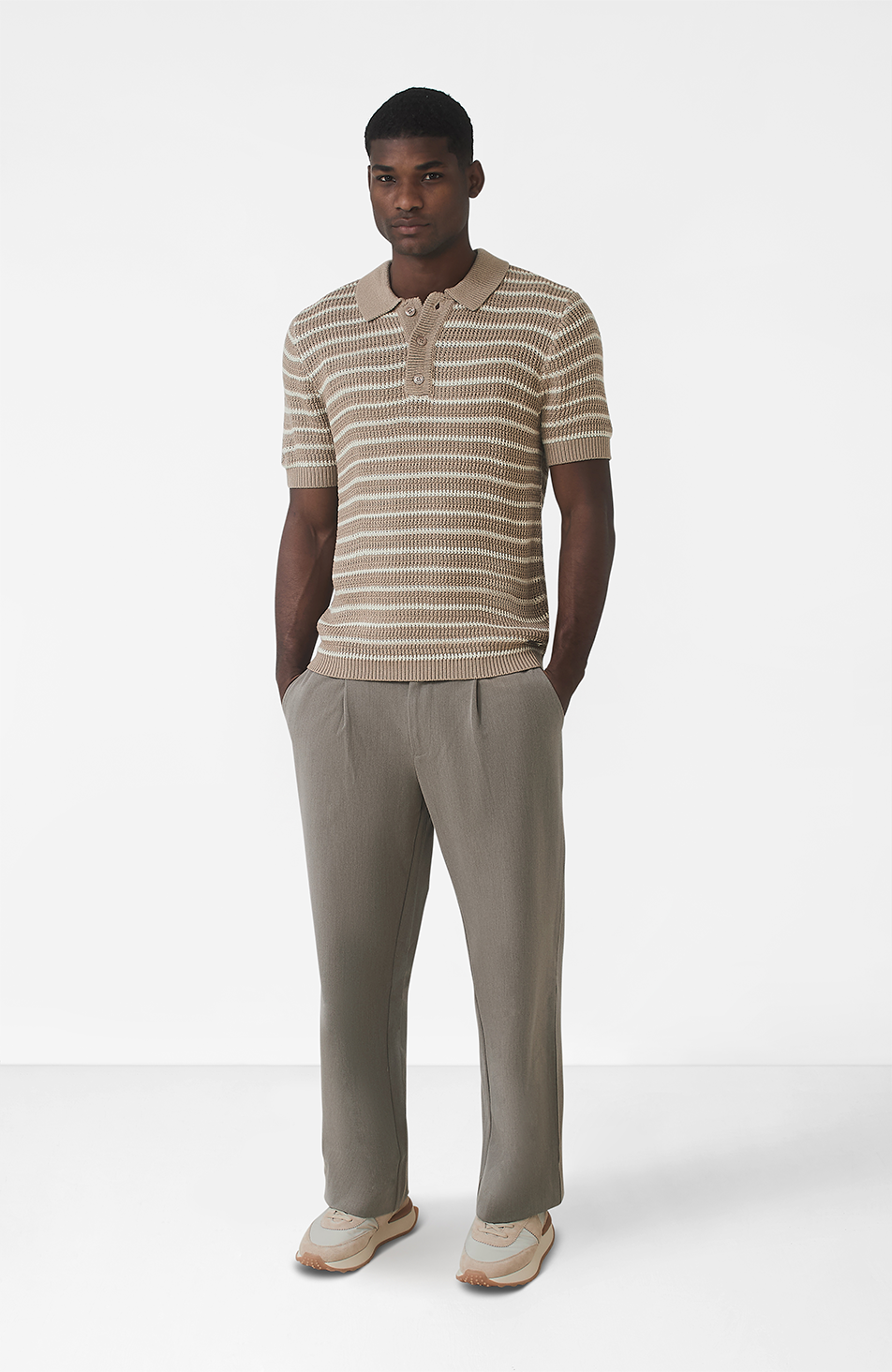 Fontelina Button Placket Knit Stripe Polo in Beige