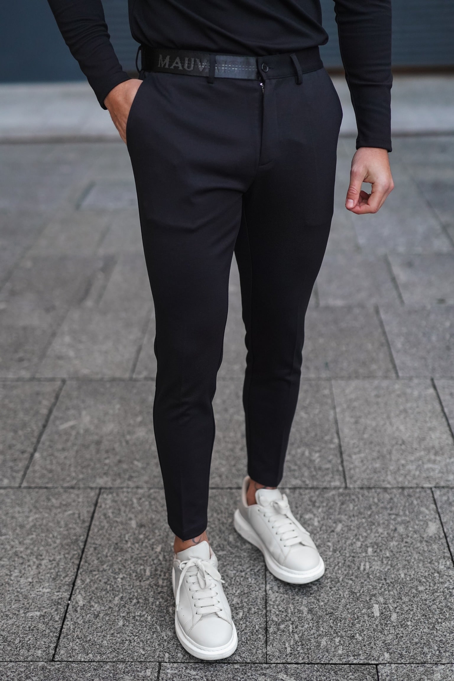 Signature Trousers With Tonal Half Belt in Black