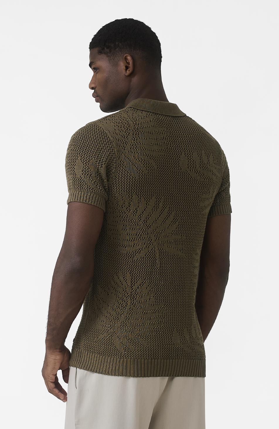 Tropics Relaxed Fit Crochet Knit Polo in Green
