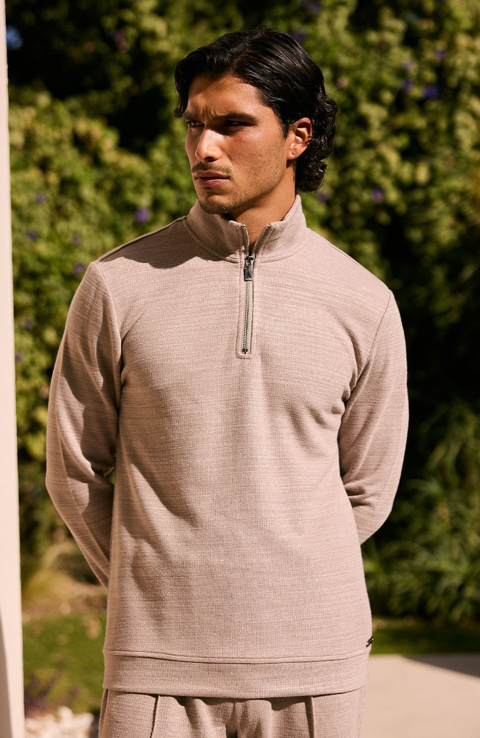 Leandre Regular Premium Textured Quarter Zip in Taupe