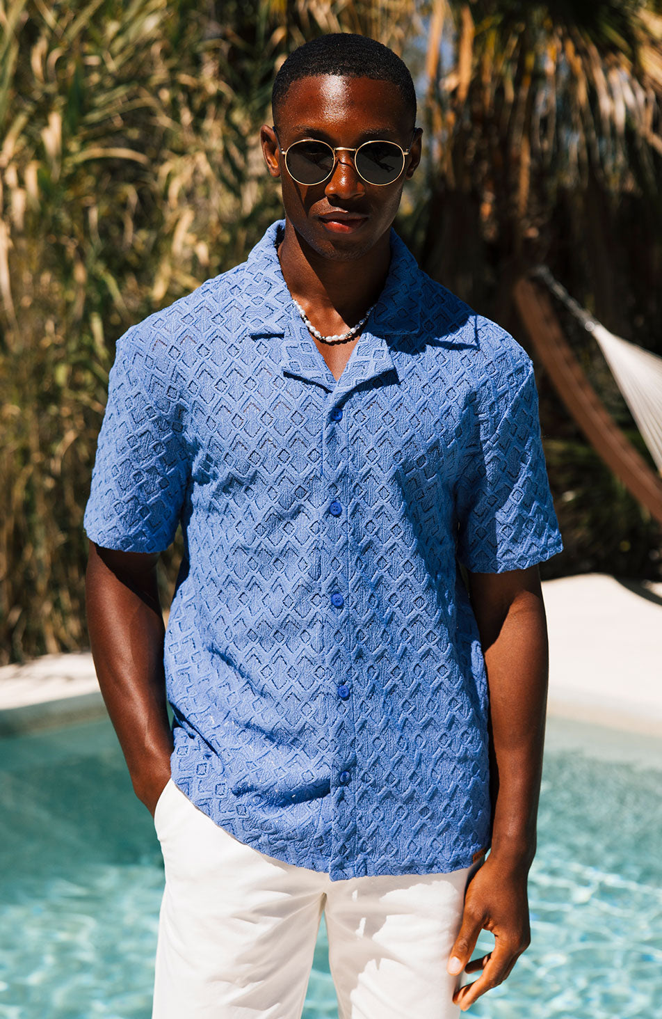 Moreno Relaxed Fit Crochet Shirt in Blue